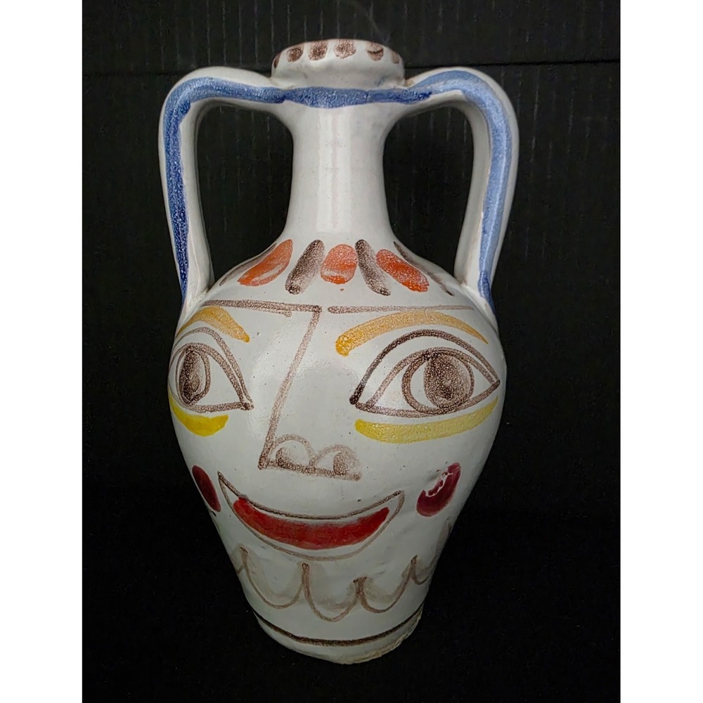 Desimone Italy 27 Ceramic Pitcher Hand Painted Face Pattern Double Handles